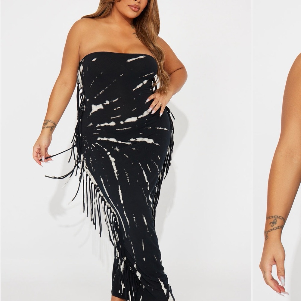 Black & White Tie-Dye Strapless Fringe Dress